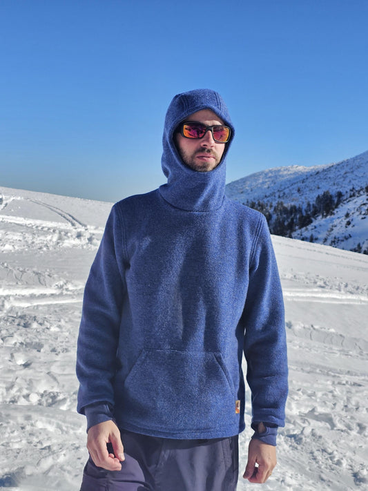 Men's High Collar Hood Sweater from Boiled Wool with Merino Cuffs and a Kangaroo Pocket