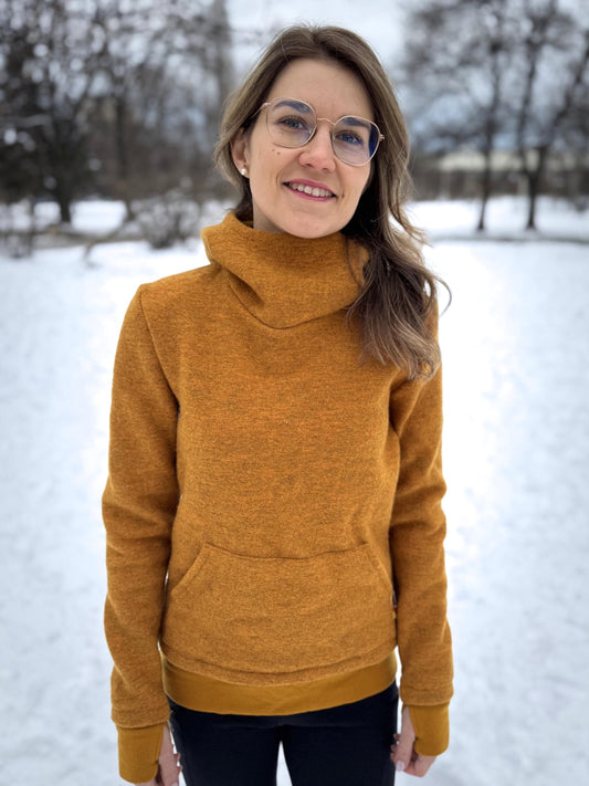 Women's High Collar Hood Sweater from Boiled Wool Hoodie with Merino Cuffs and a Kangaroo Pocket