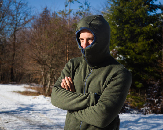 Double Merino Wool Hoodie with High Collar Hood and Zip-up Pockets
