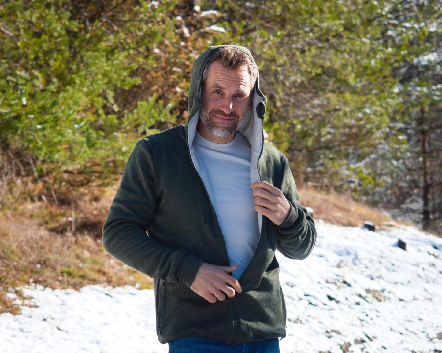 Double Merino Wool Hoodie with High Collar Hood and Zip-up Pockets | Super Warm Men's Zip-up Sweater from 100% Merino Wool | Outdoor Hoodie