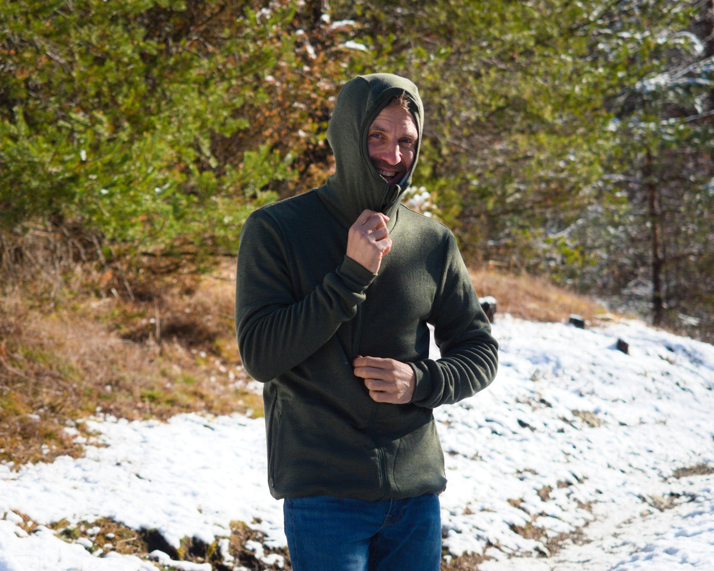 Double Merino Wool Hoodie with High Collar Hood and Zip-up Pockets | Super Warm Men's Zip-up Sweater from 100% Merino Wool | Outdoor Hoodie