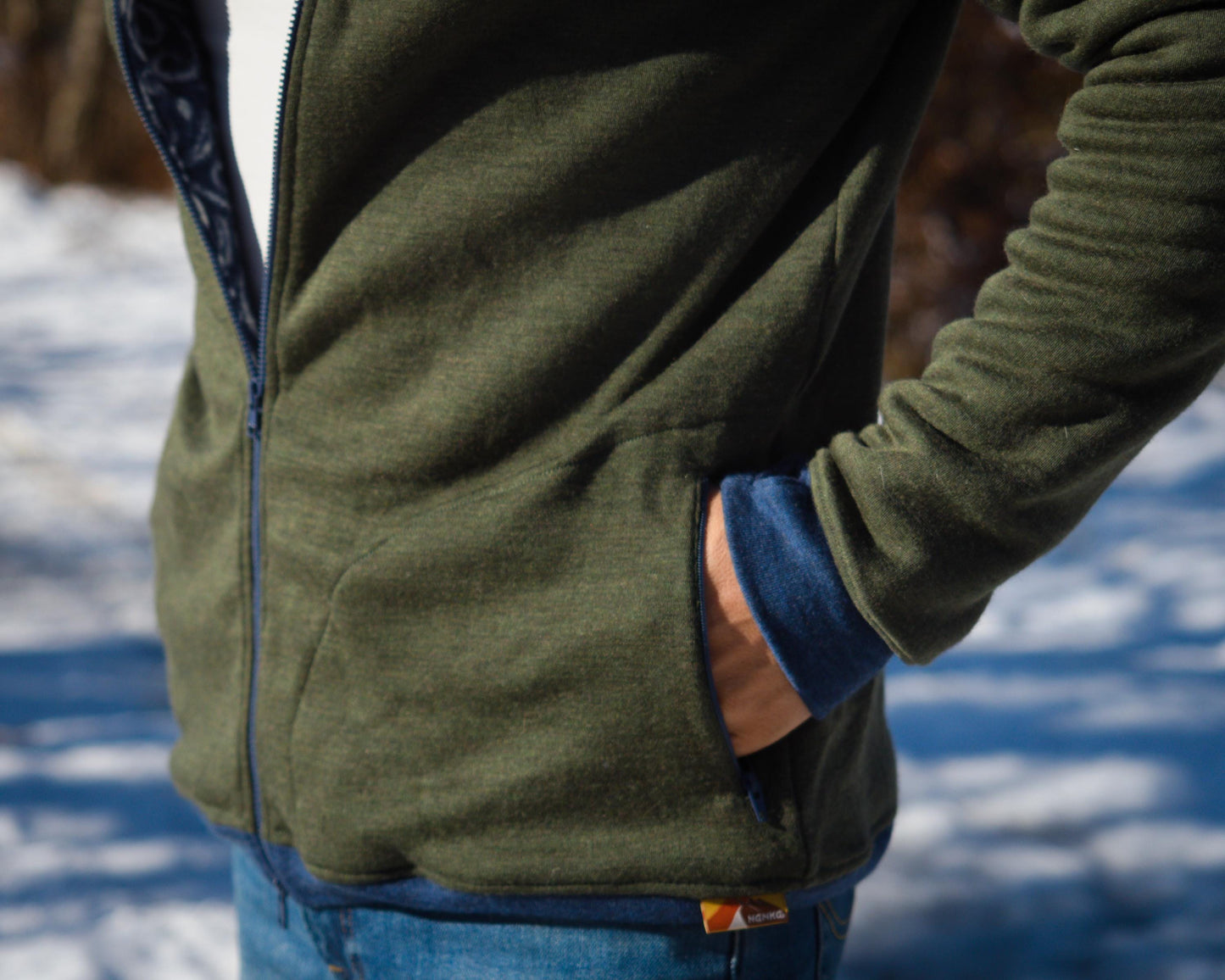 Double Merino Wool Hoodie with High Collar Hood and Zip-up Pockets