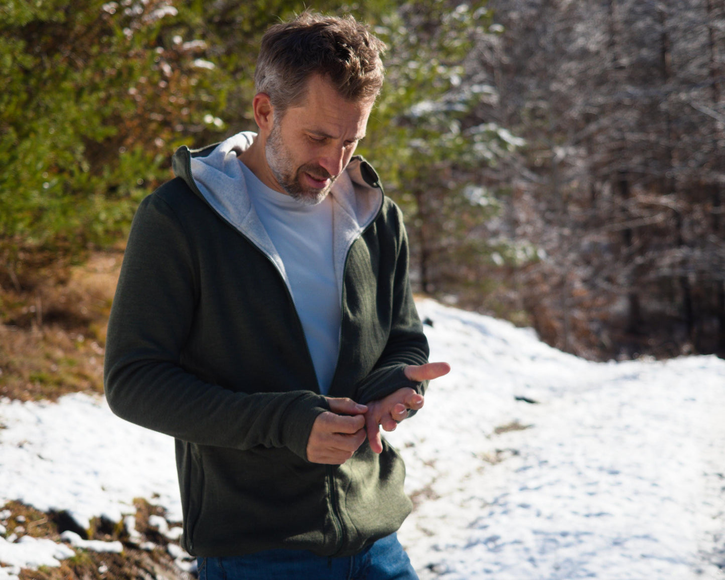 Double Merino Wool Hoodie with High Collar Hood and Zip-up Pockets | Super Warm Men's Zip-up Sweater from 100% Merino Wool | Outdoor Hoodie