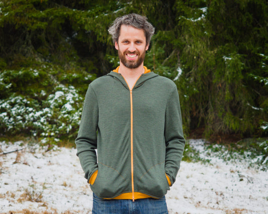 Moss Green & Ochre Merino Hoodie with Zipper