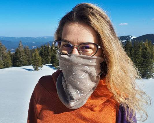 Taupe Merino Wool Neck Gaiter with Mountain Print