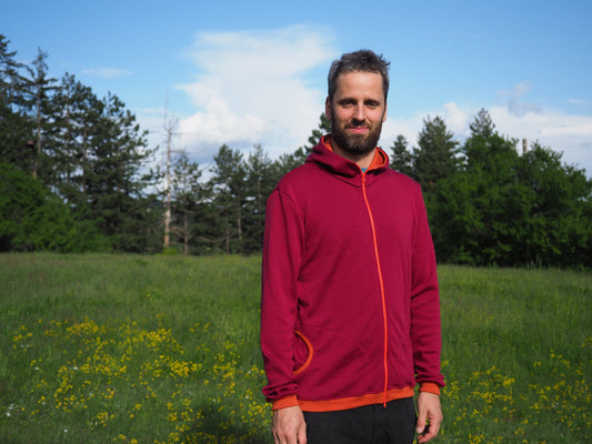 Burgundy & Orange Merino Hoodie with Zipper
