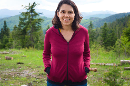 Burgundy&Grey Zip up Merino Hoodie with Wide Cuffs