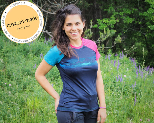Colorful merino shirt with mountain landscape