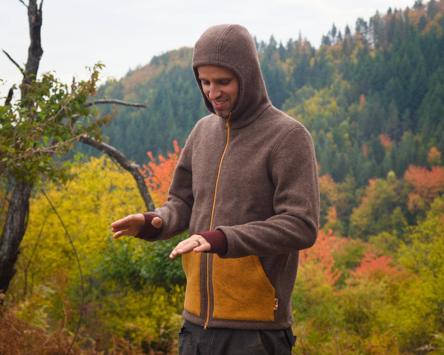 Men's Full Zip Boiled Wool Jacket with Merino Sleeve Cuffs and a Kangaroo Pocket