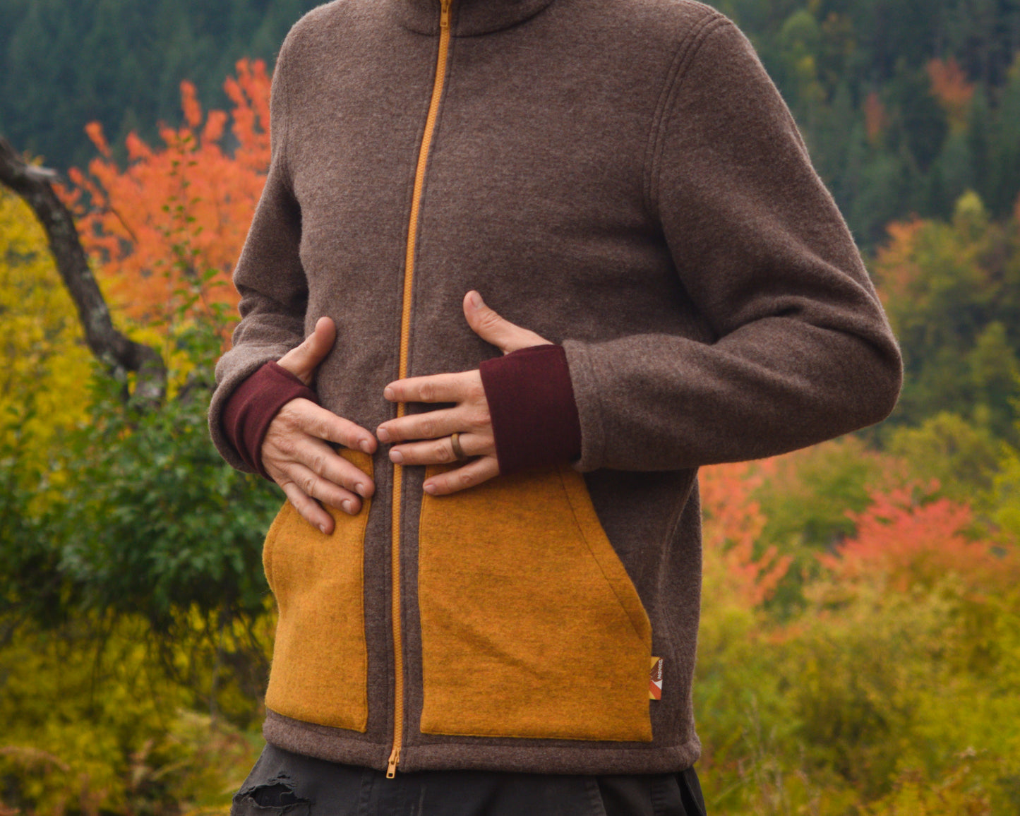 Men's Full Zip Boiled Wool Jacket with Merino Sleeve Cuffs and a Kangaroo Pocket