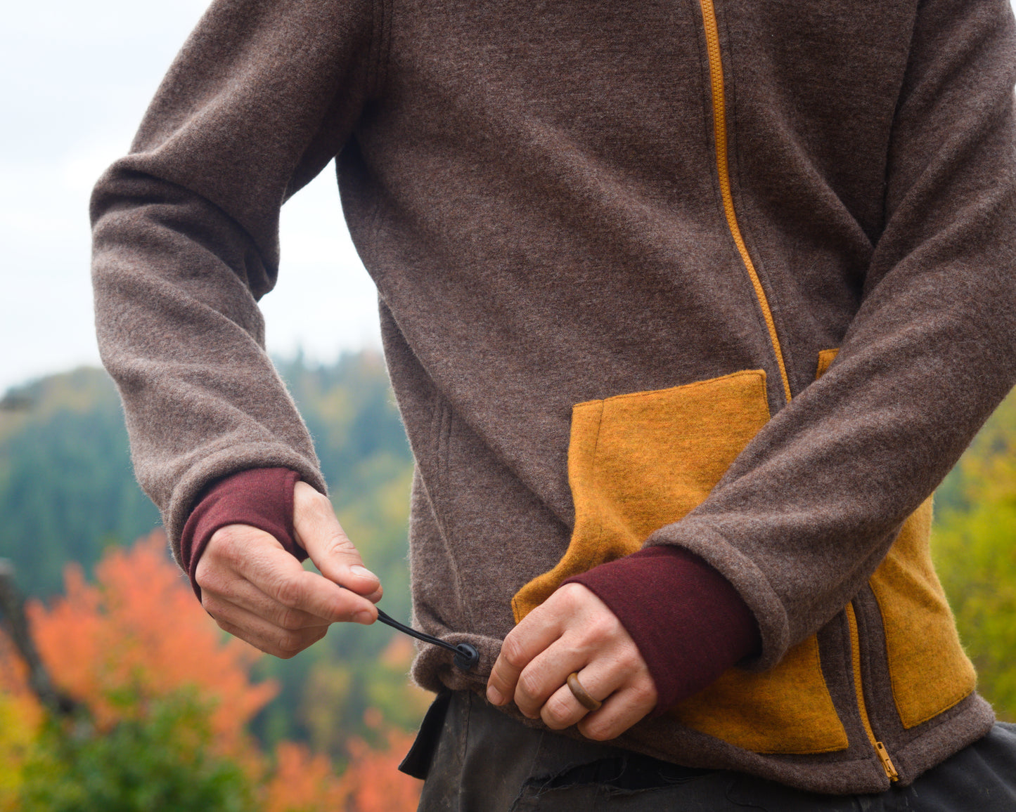 Men's Full Zip Boiled Wool Jacket with Merino Sleeve Cuffs and a Kangaroo Pocket