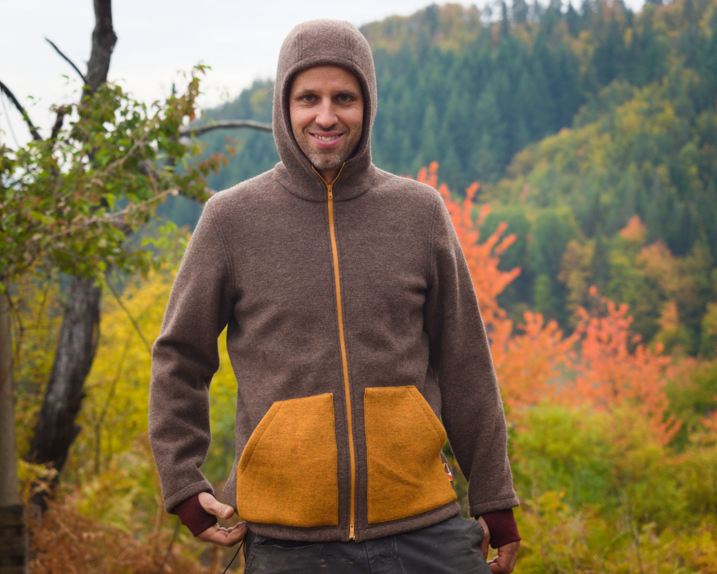 Men's Full Zip Boiled Wool Jacket with Merino Sleeve Cuffs and a Kangaroo Pocket