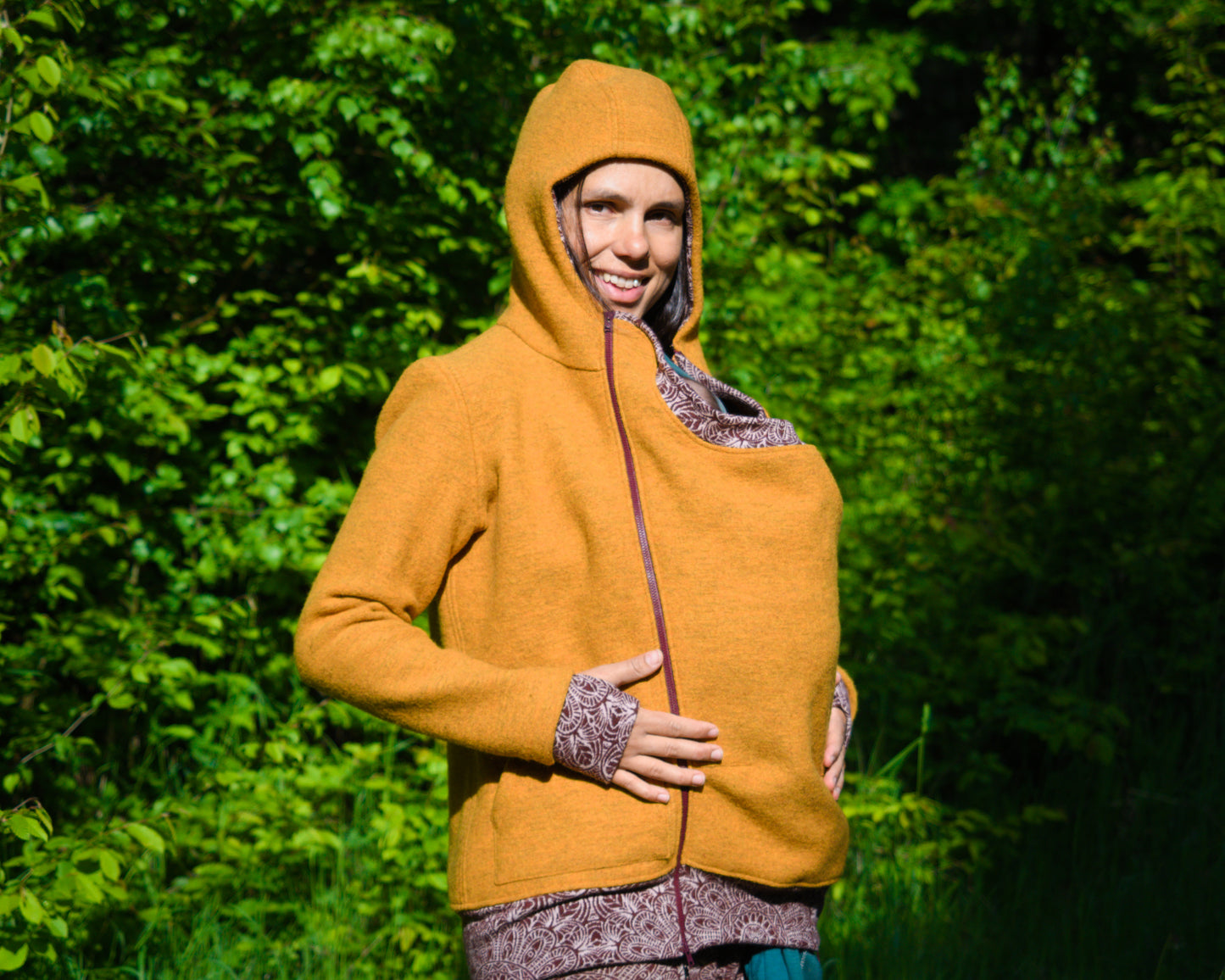 Babywearing hoodie from boiled wool with merino cuffs